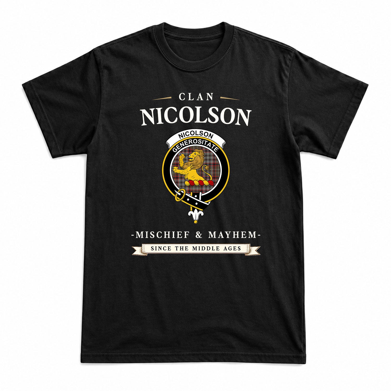 Nicolson Hunting Weathered Tartan Crest Mischief and Mayhem T-shirt
