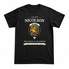 Nicolson Hunting Weathered Tartan Crest Mischief and Mayhem T-shirt