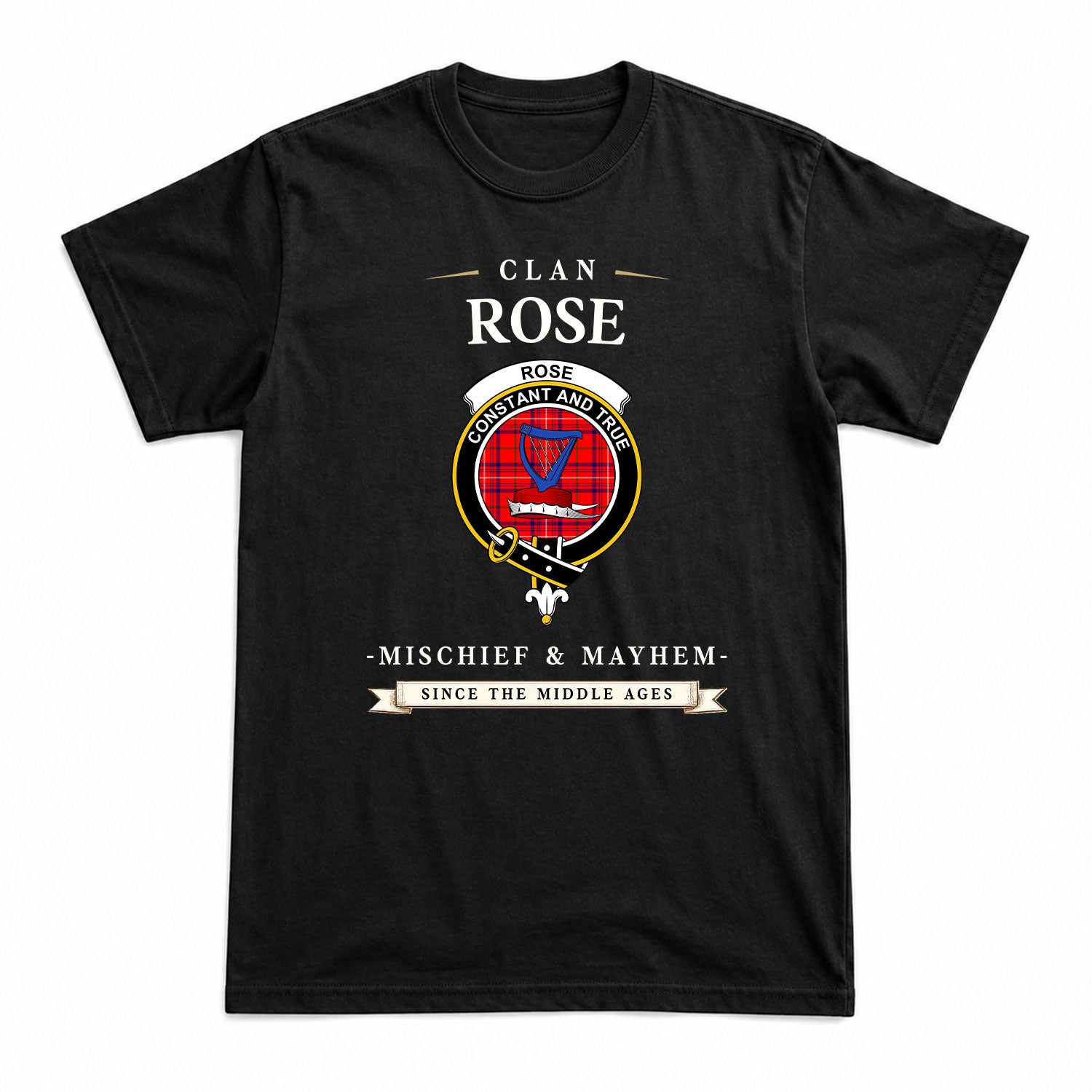 Rose Modern Tartan Crest Mischief and Mayhem T-shirt