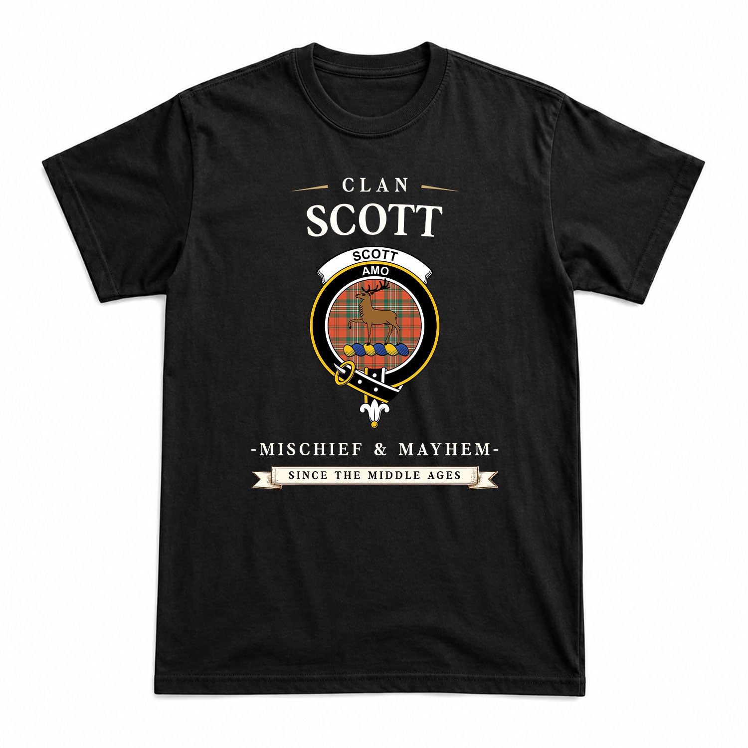 Scott Ancient Tartan Crest Mischief and Mayhem T-shirt