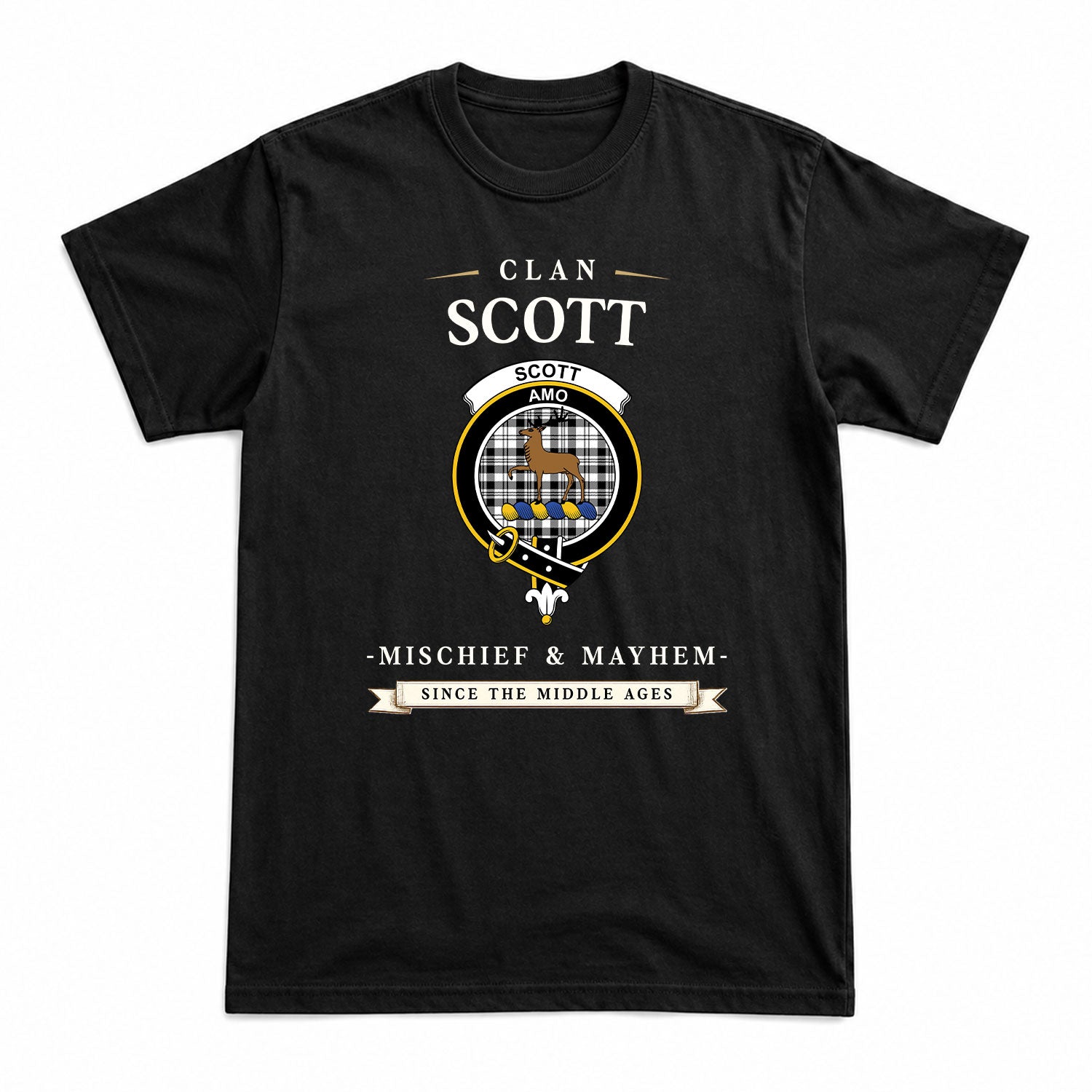 Scott Black & White Modern Tartan Crest Mischief and Mayhem T-shirt