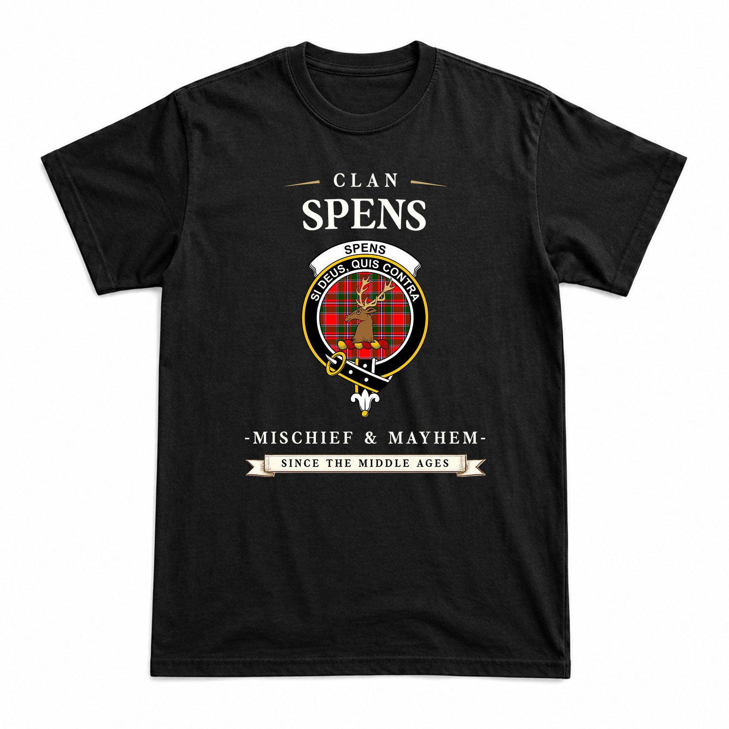 Spens (or Spence) Tartan Crest Mischief and Mayhem T-shirt