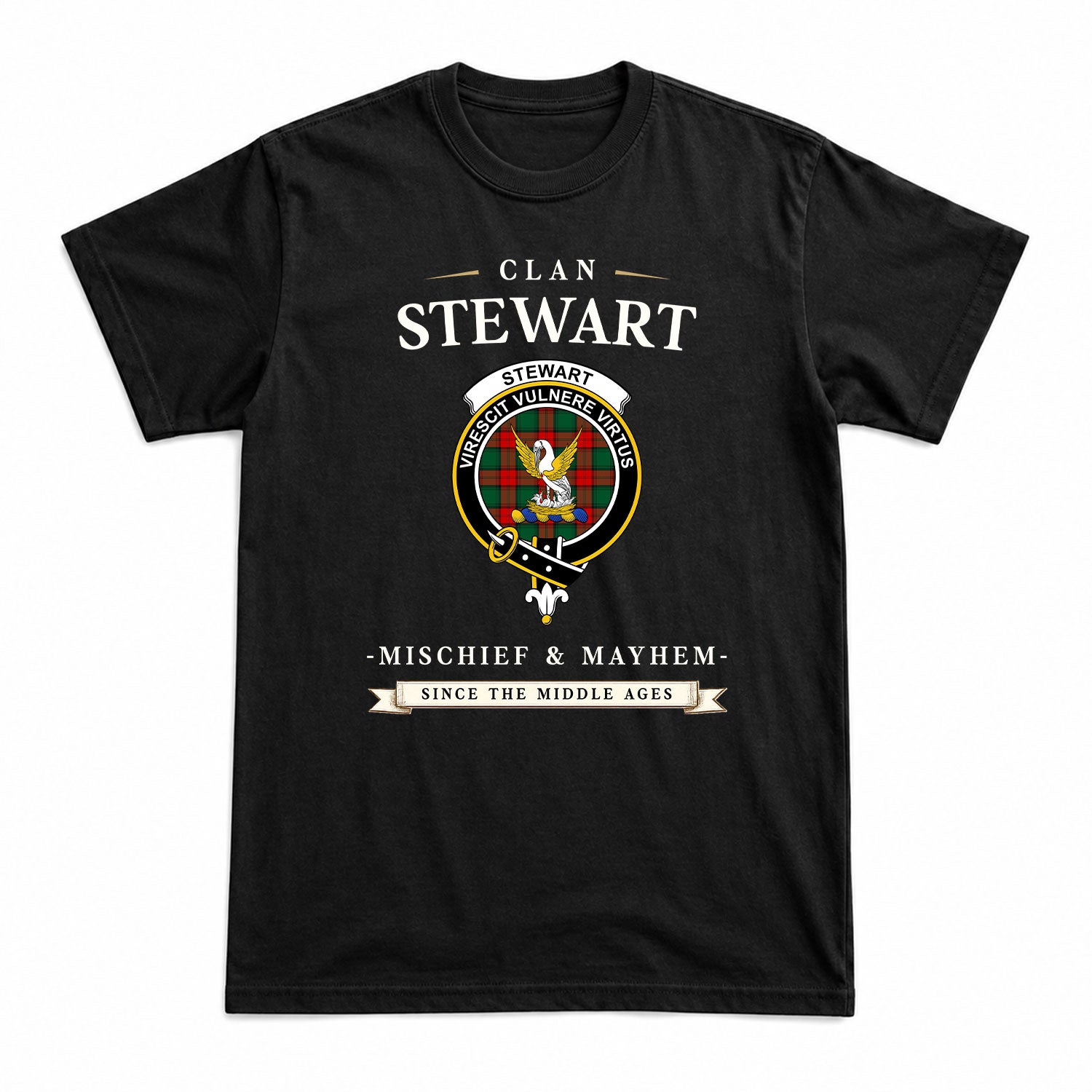 Stewart Atholl Modern Tartan Crest Mischief and Mayhem T-shirt