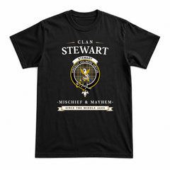 Stewart Hunting Weathered Tartan Crest Mischief and Mayhem T-shirt