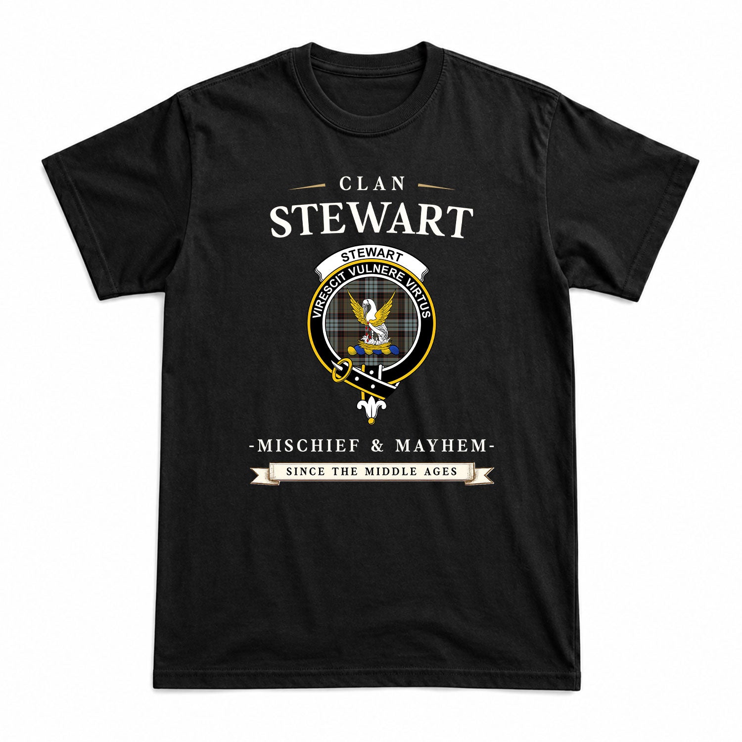 Stewart Old Weathered Tartan Crest Mischief and Mayhem T-shirt