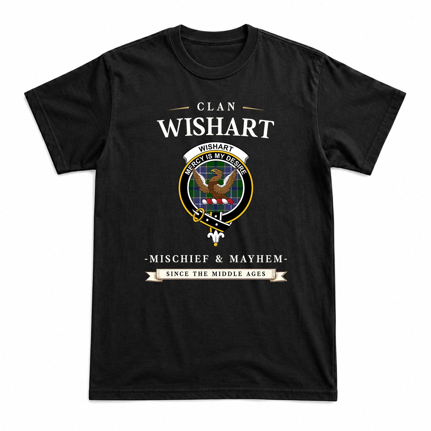 Wishart Hunting Tartan Crest Mischief and Mayhem T-shirt