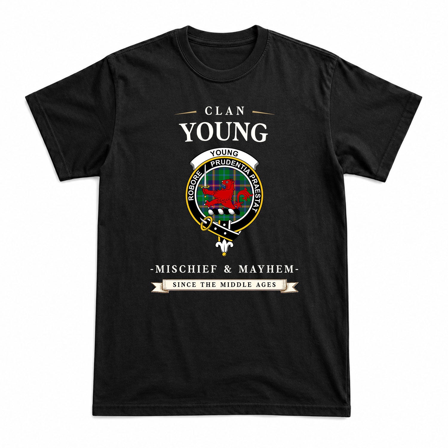 Young Modern Tartan Crest Mischief and Mayhem T-shirt