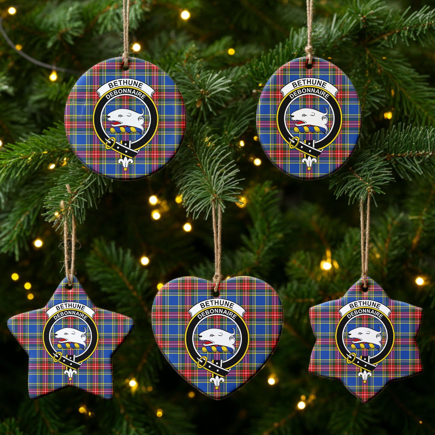 Bethune Modern Tartan Crest Christmas Ceramic Ornament
