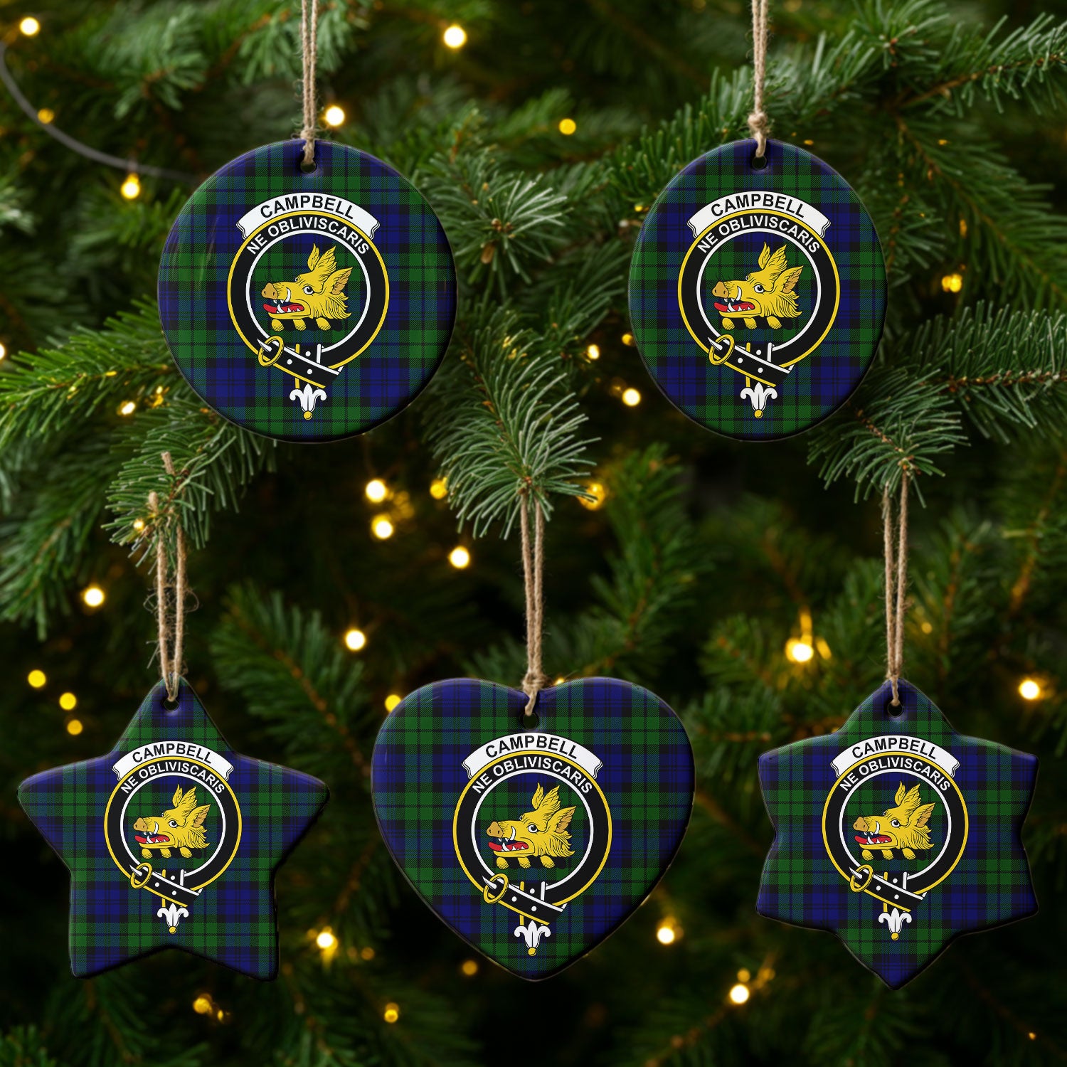 Campbell Modern Tartan Crest Christmas Ceramic Ornament
