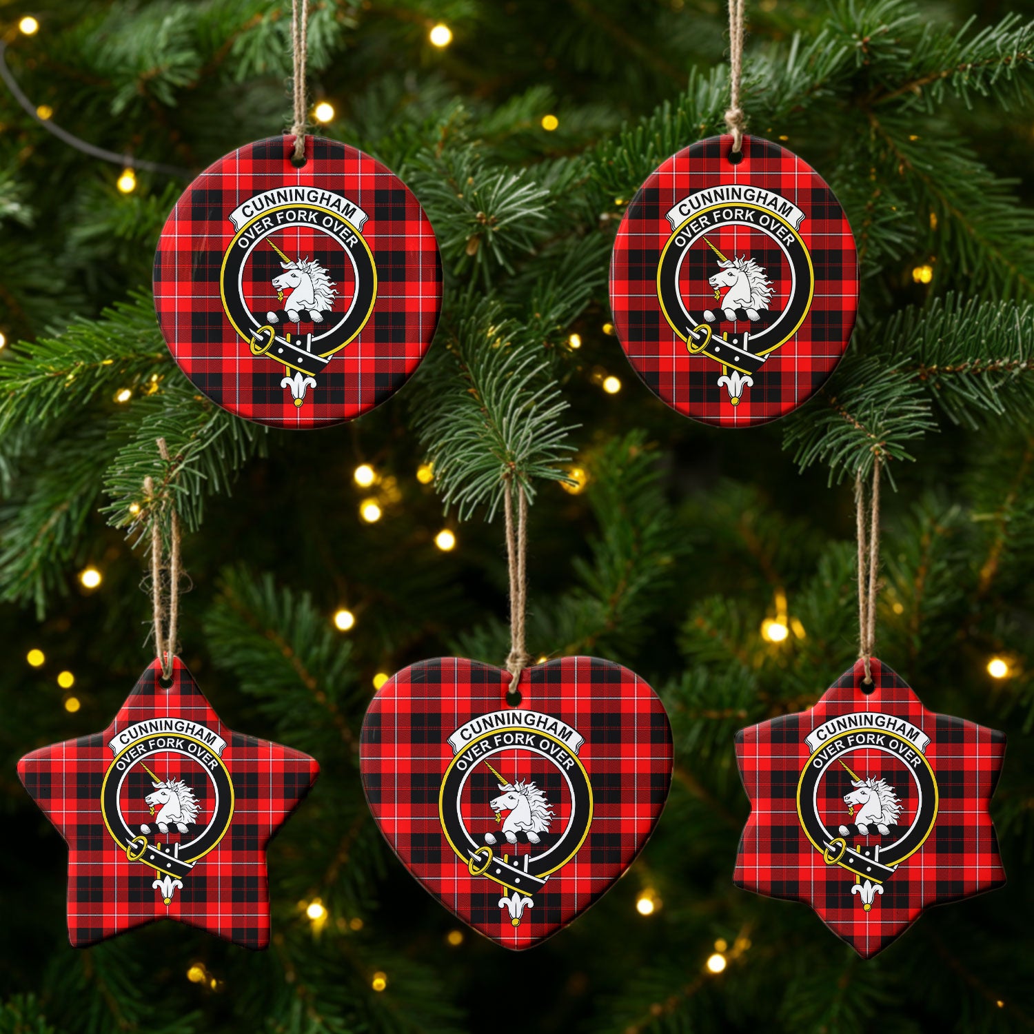 Cunningham Modern Tartan Crest Christmas Ceramic Ornament