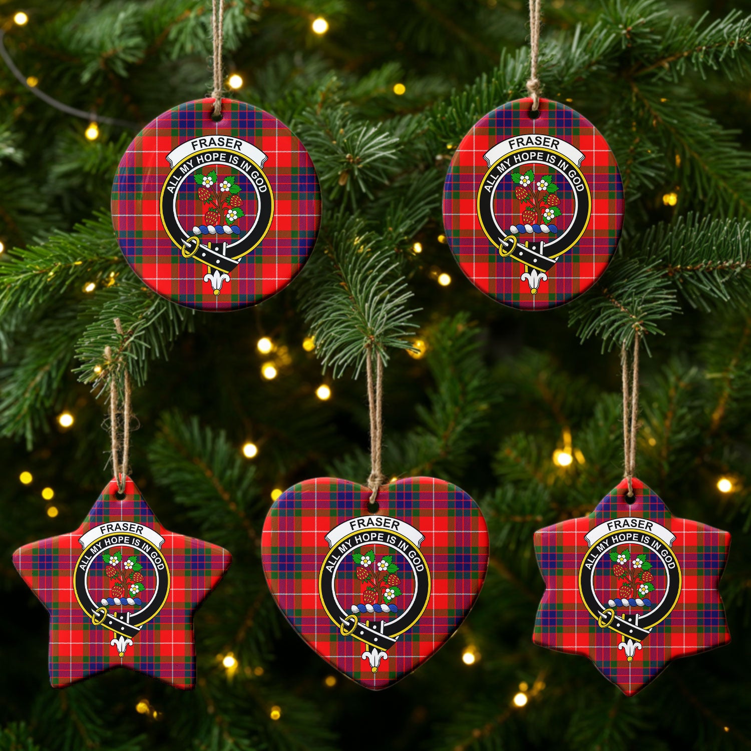Fraser Tartan Crest Christmas Ceramic Ornament