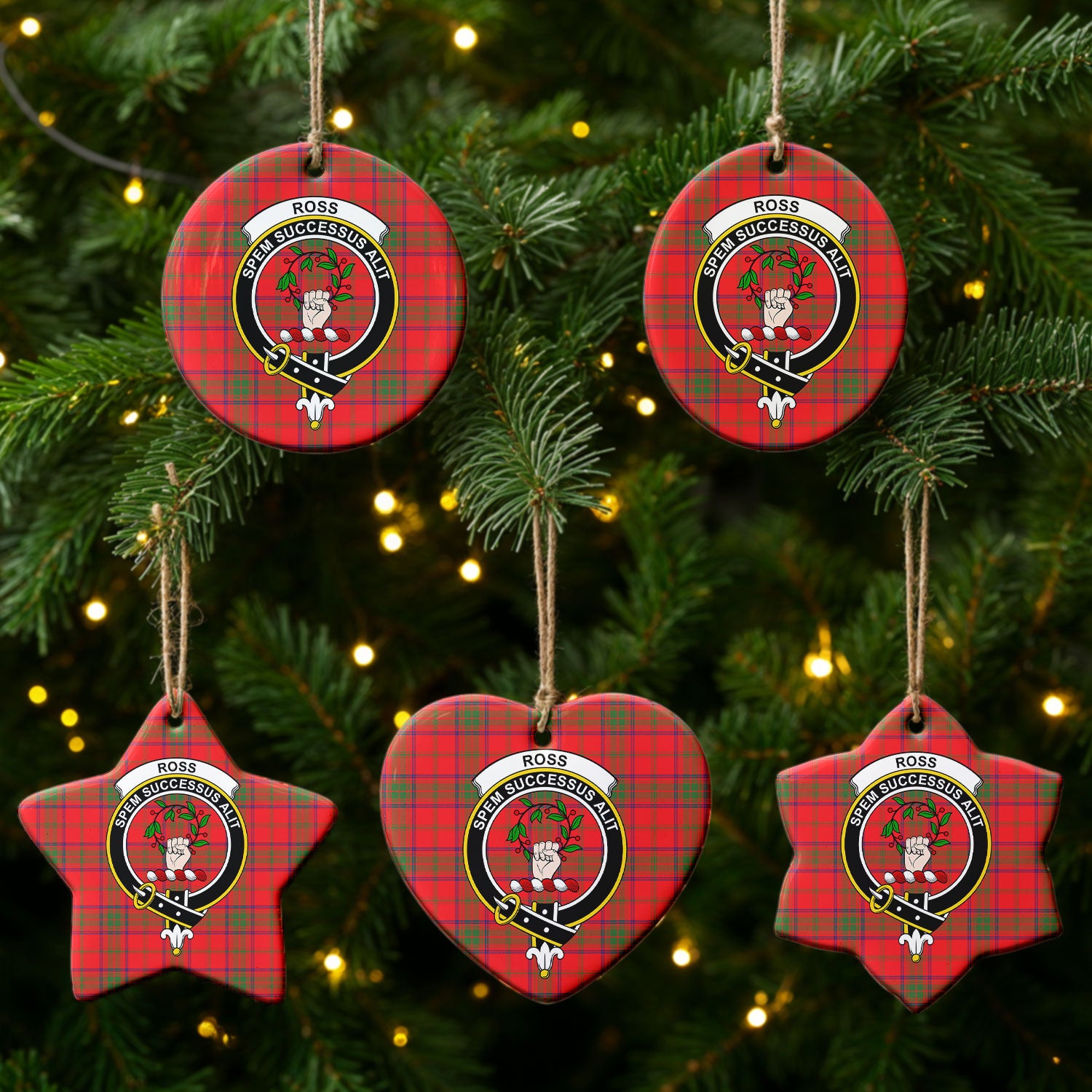 Ross Modern Tartan Crest Christmas Ceramic Ornament
