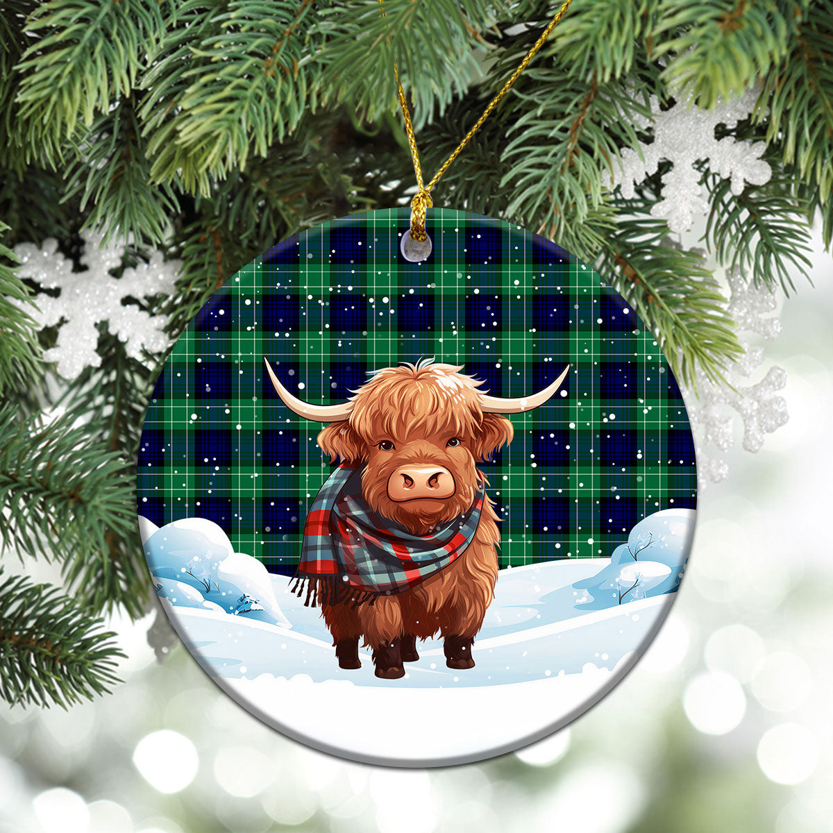 Abercrombie Tartan Christmas Ceramic Ornament - Highland Cows Snow Style