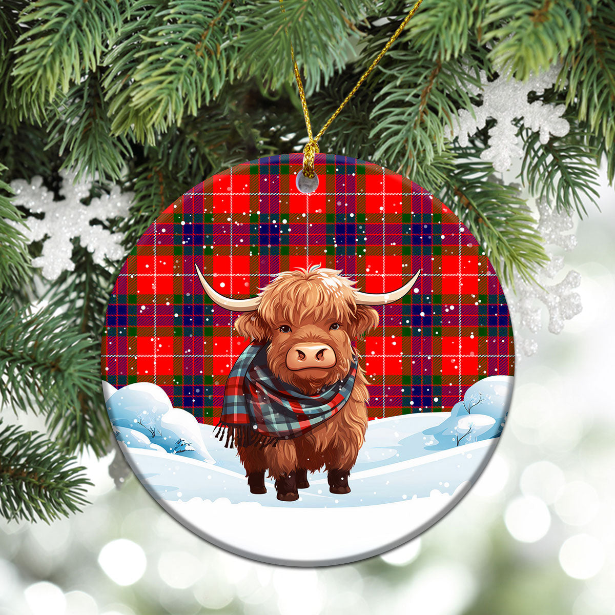 Abernathy Tartan Christmas Ceramic Ornament - Highland Cows Snow Style