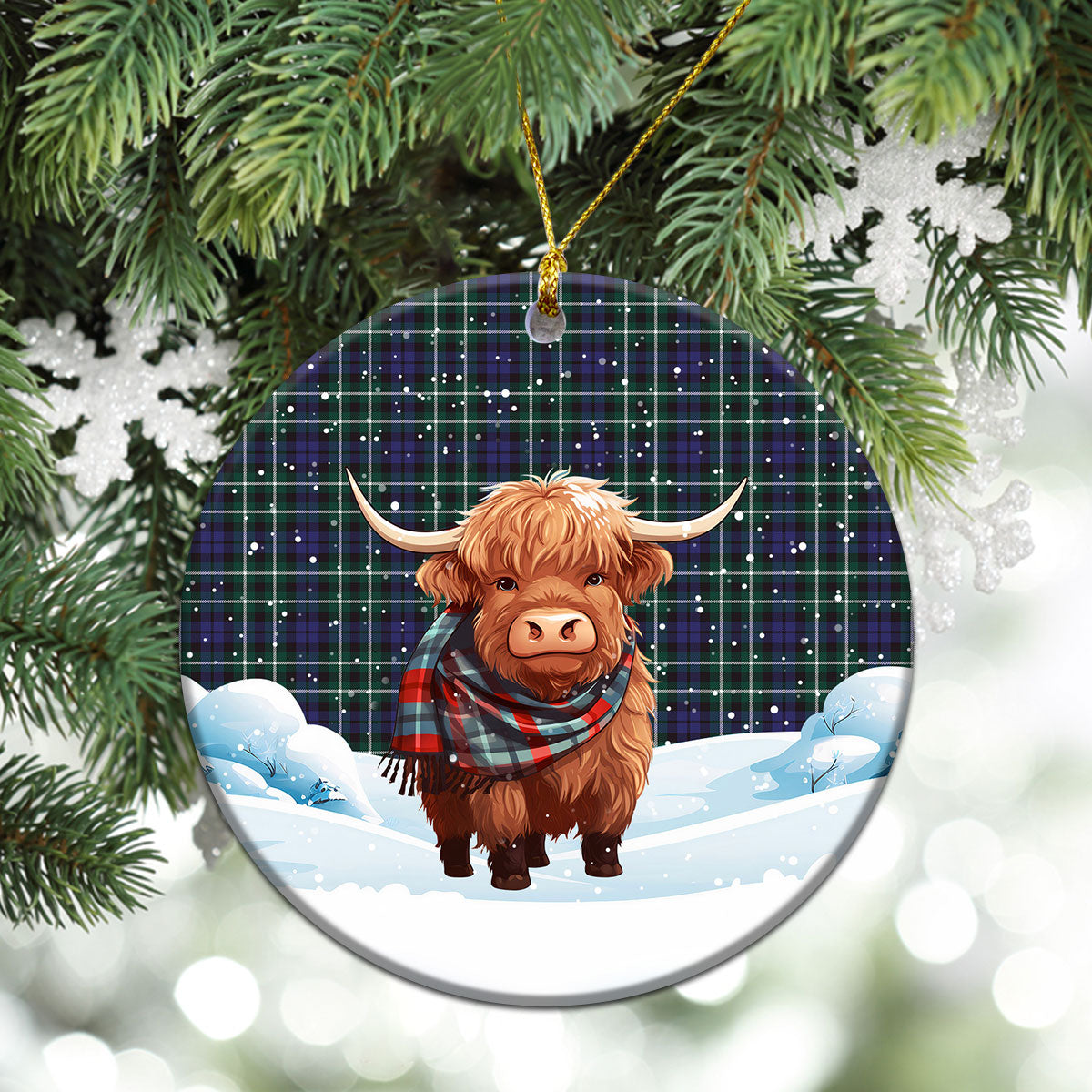 Allardice Tartan Christmas Ceramic Ornament - Highland Cows Snow Style