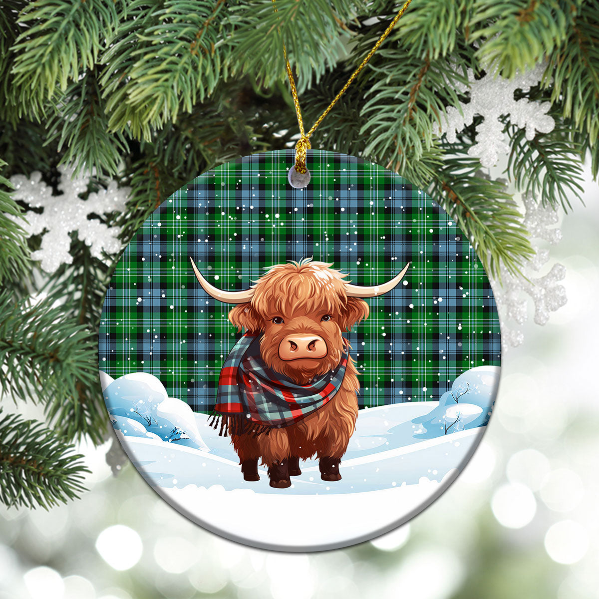 Arbuthnot Ancient Tartan Christmas Ceramic Ornament - Highland Cows Snow Style