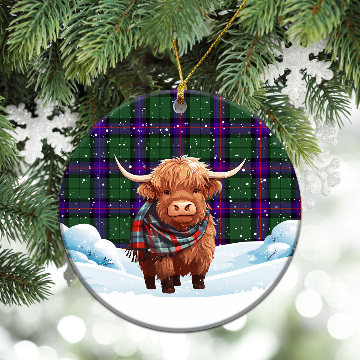 Armstrong Modern Tartan Christmas Ceramic Ornament - Highland Cows Snow Style