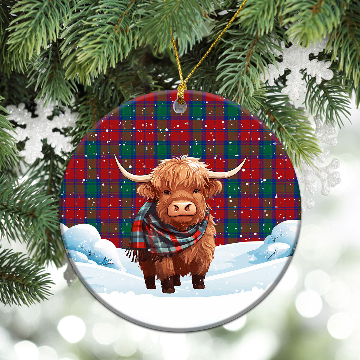 Auchinleck Tartan Christmas Ceramic Ornament - Highland Cows Snow Style