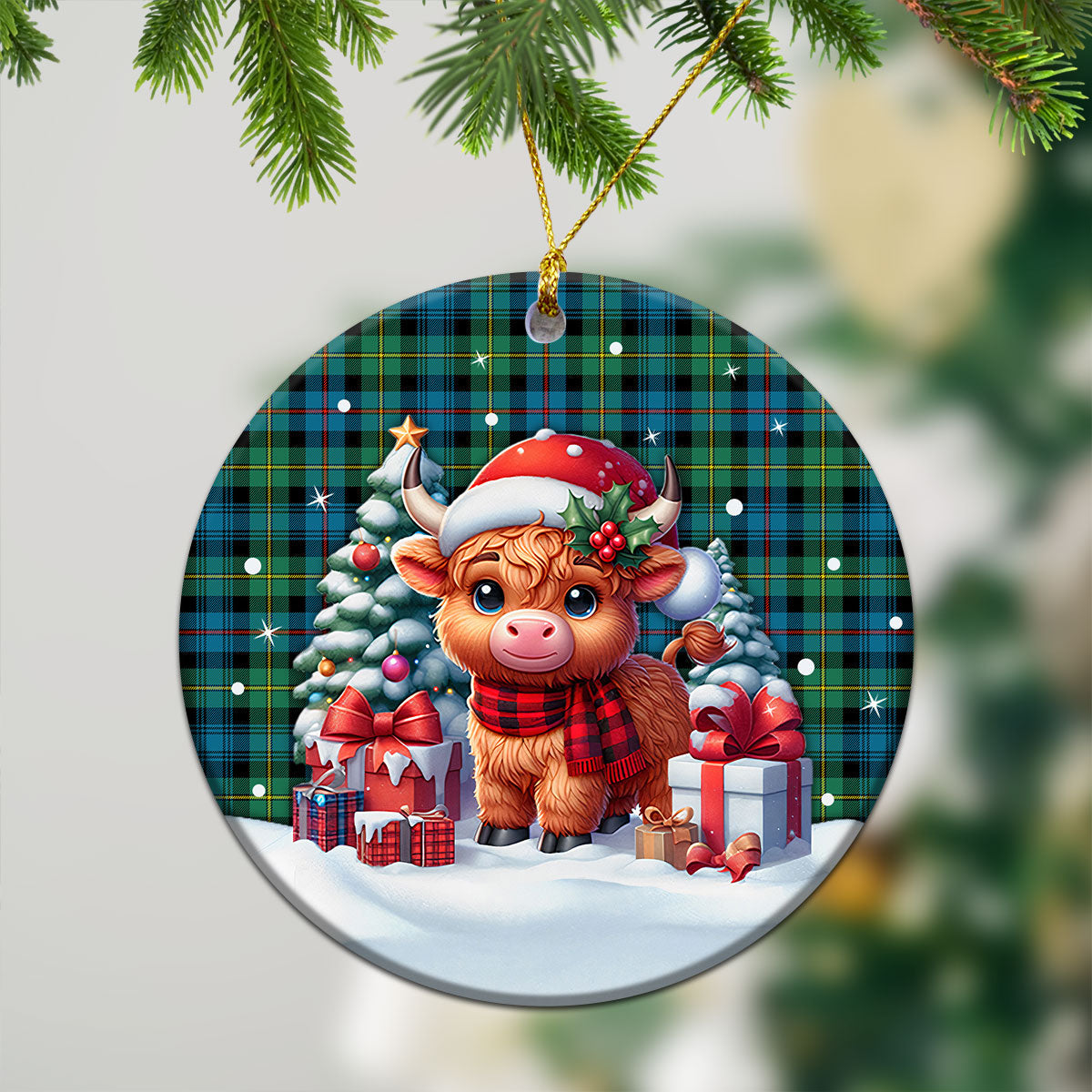 Baillie Ancient Tartan Christmas Ceramic Ornament - Highland Cow Winter Style