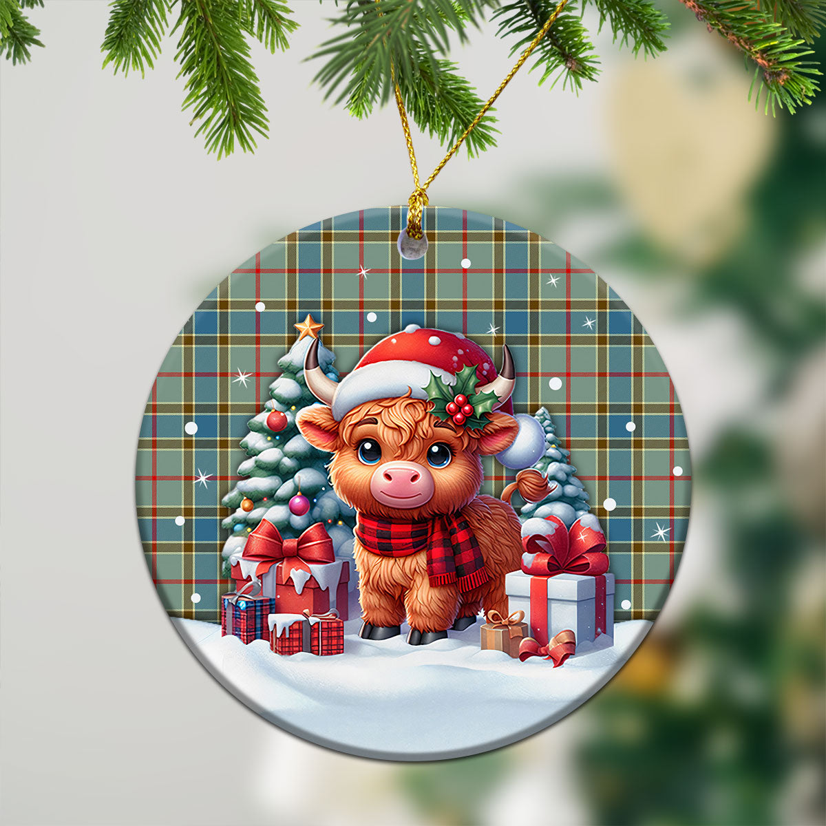 Balfour Blue Tartan Christmas Ceramic Ornament - Highland Cow Winter Style