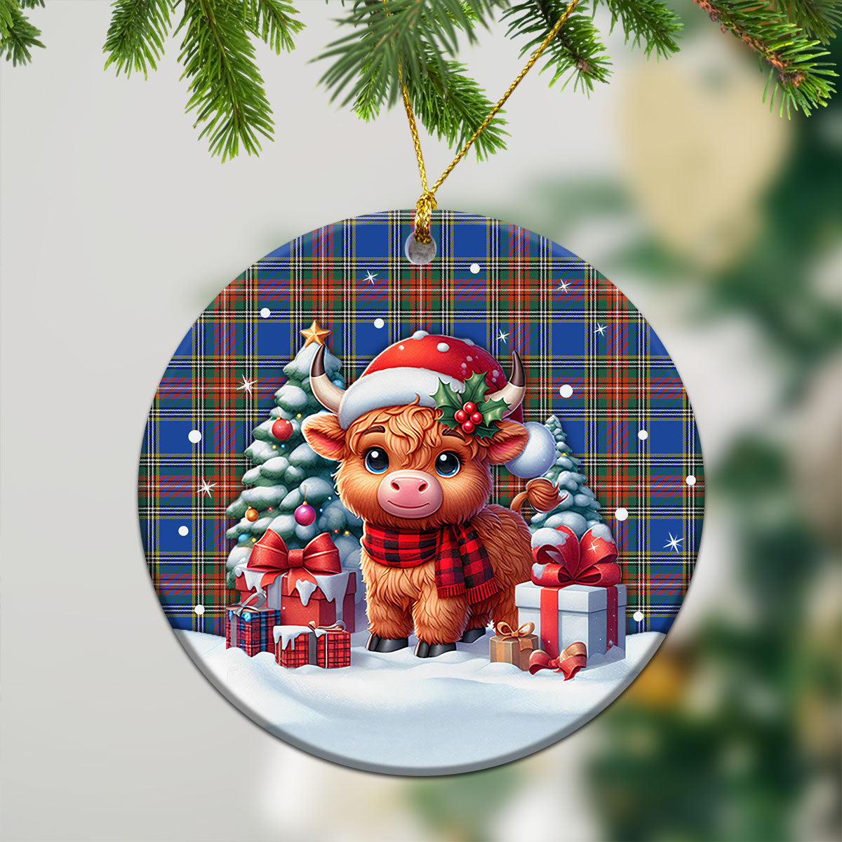 Beaton Ancient Tartan Christmas Ceramic Ornament - Highland Cow Winter Style