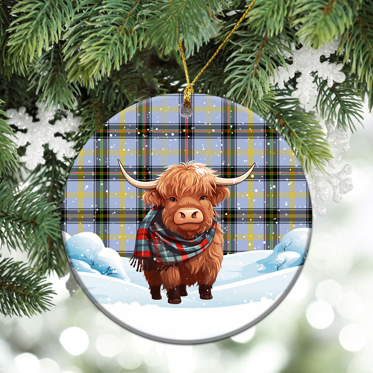 Bell of the Borders Tartan Christmas Ceramic Ornament - Highland Cows Snow Style