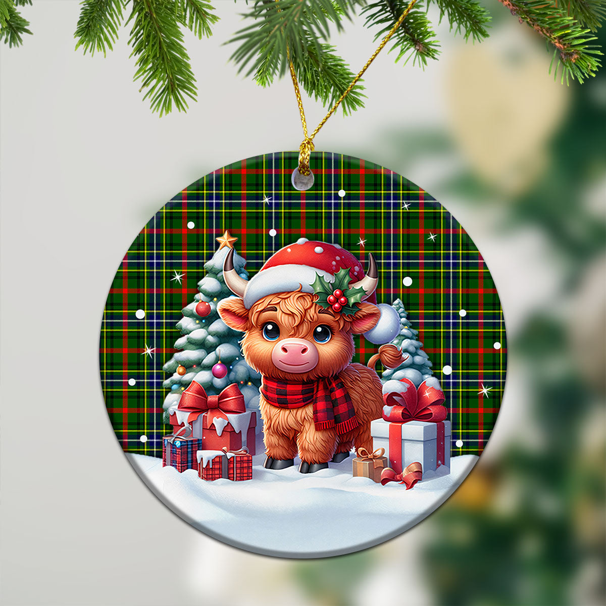 Bisset Tartan Christmas Ceramic Ornament - Highland Cow Winter Style