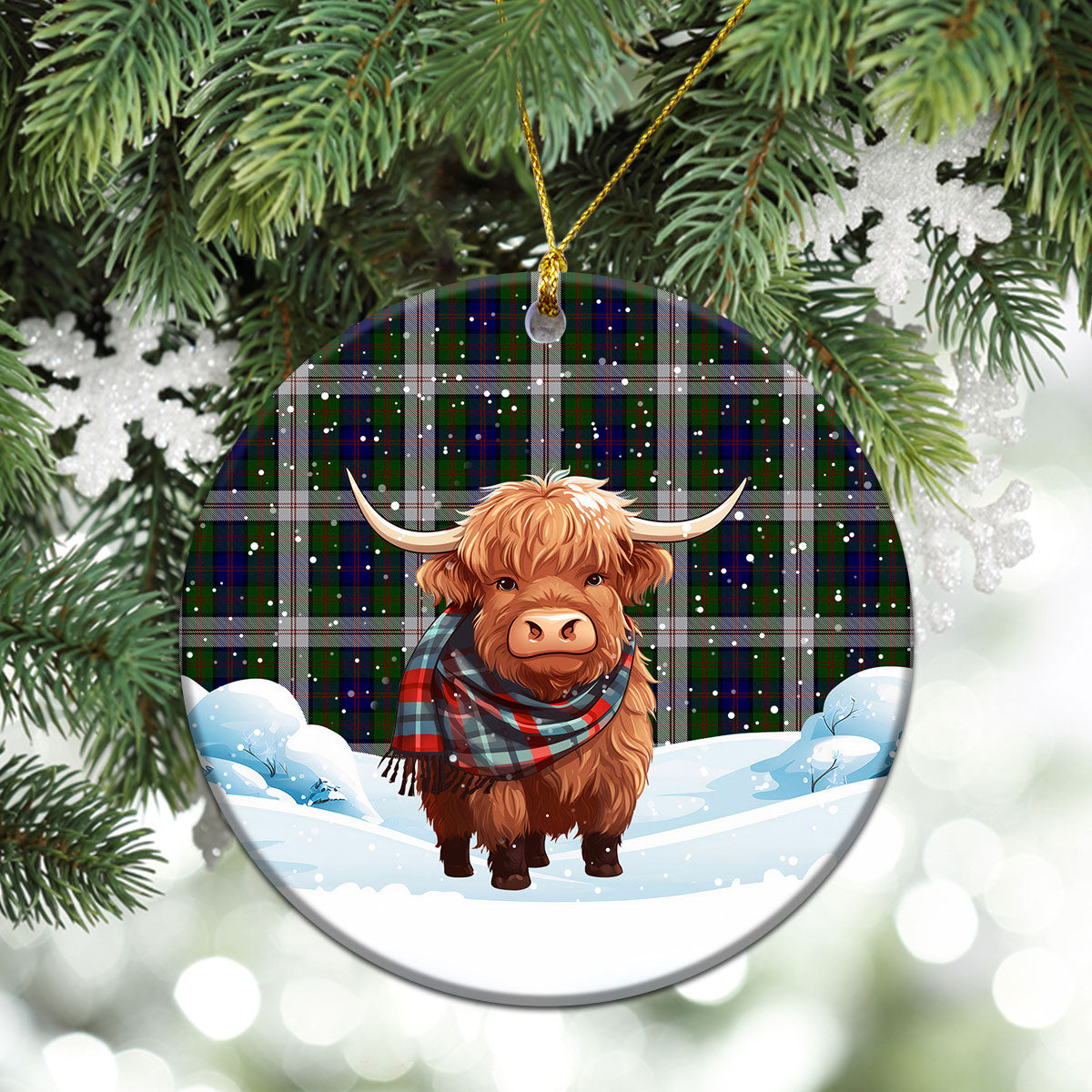 Blair Dress Tartan Christmas Ceramic Ornament - Highland Cows Snow Style