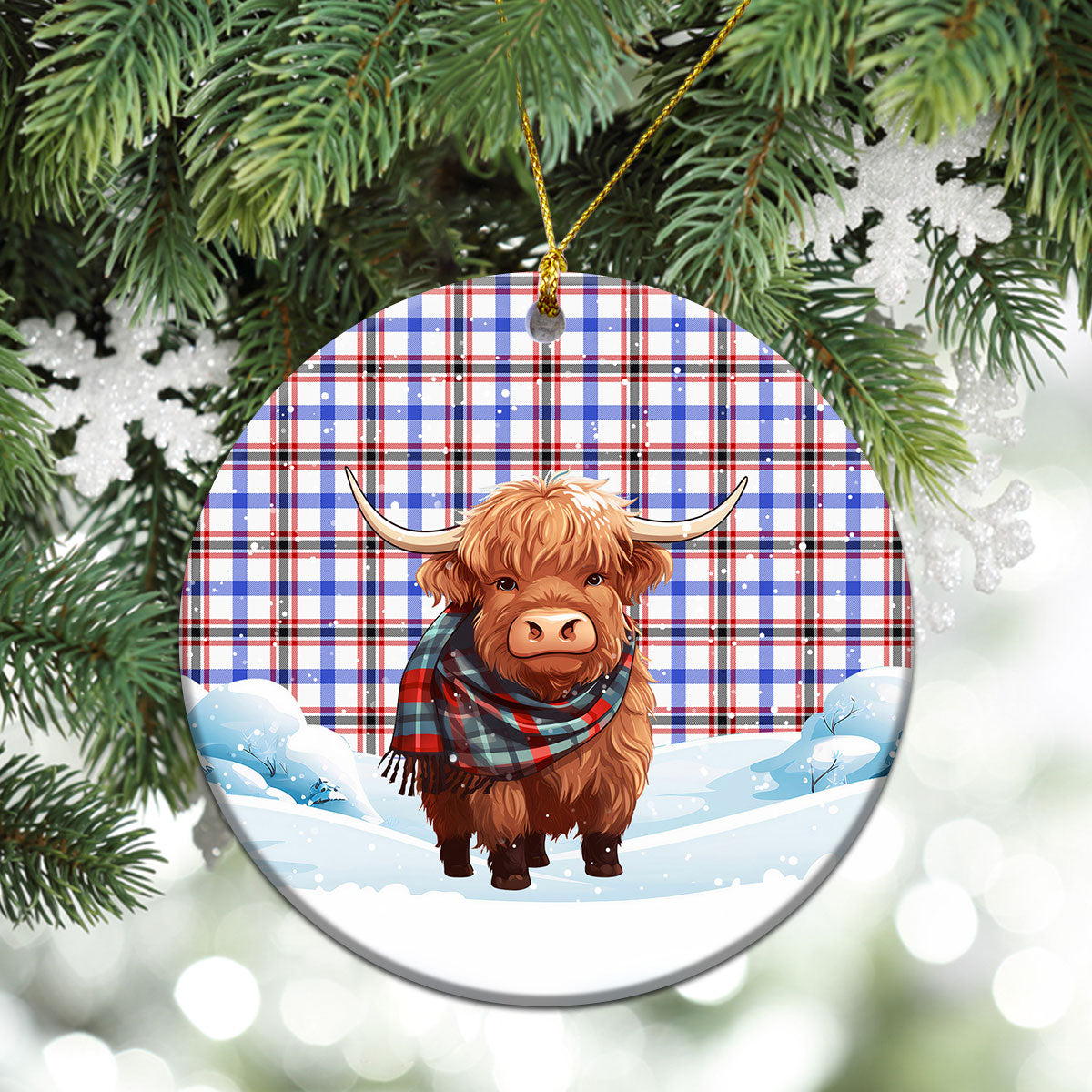 Boswell Modern Tartan Christmas Ceramic Ornament - Highland Cows Snow Style