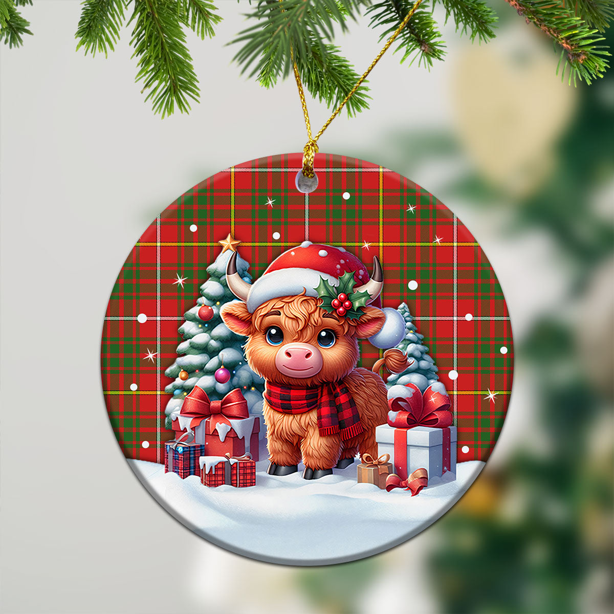 Bruce Modern Tartan Christmas Ceramic Ornament - Highland Cow Winter Style