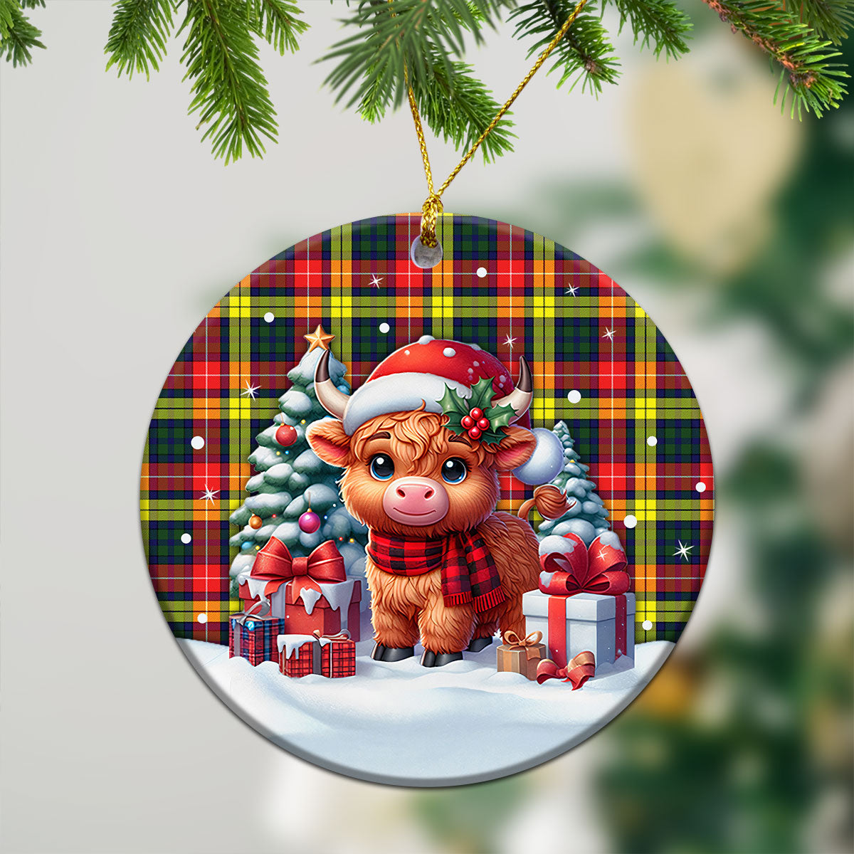 Buchanan Modern Tartan Christmas Ceramic Ornament - Highland Cow Winter Style