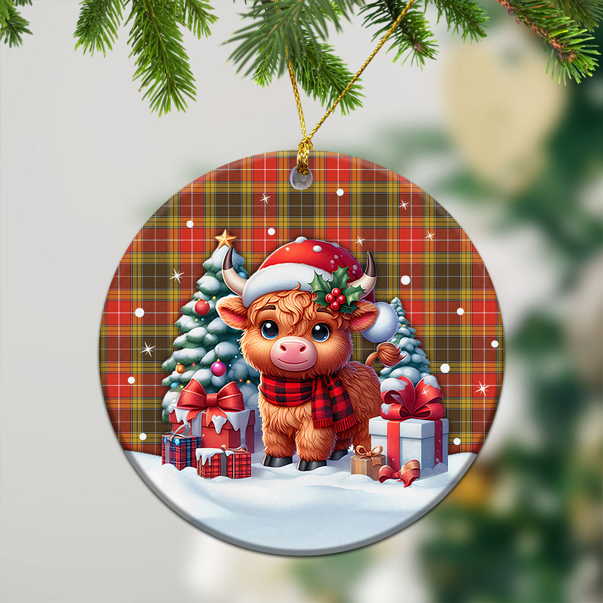 Buchanan Old Set Weathered Tartan Christmas Ceramic Ornament - Highland Cow Winter Style