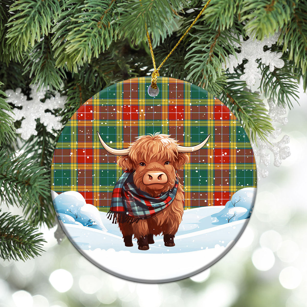 Buchanan Old Sett Tartan Christmas Ceramic Ornament - Highland Cows Snow Style