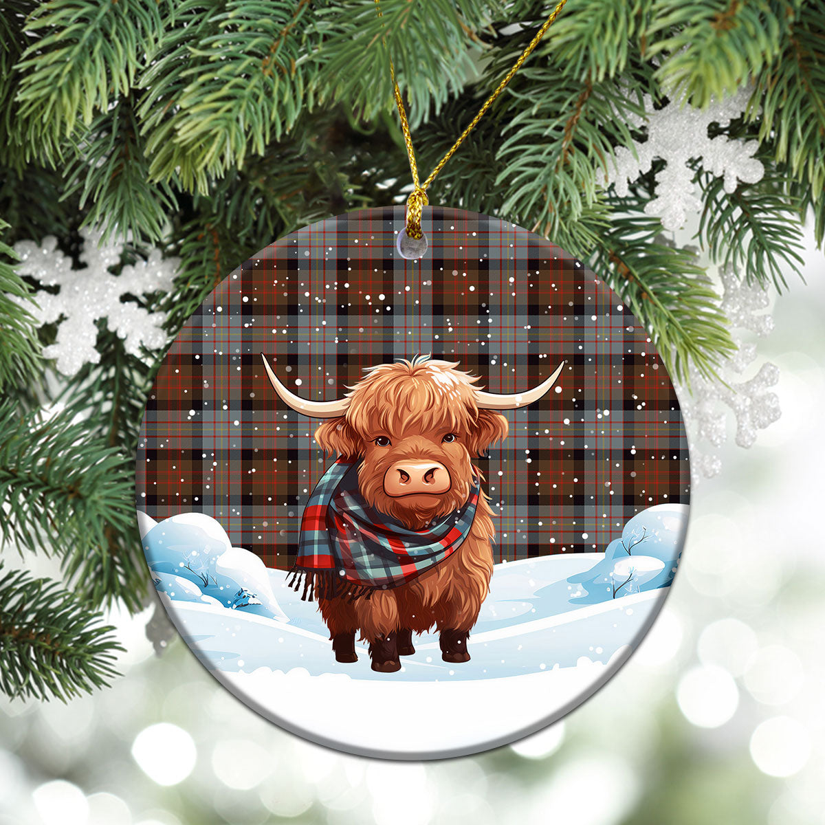 Cameron of Erracht Weathered Tartan Christmas Ceramic Ornament - Highland Cows Snow Style