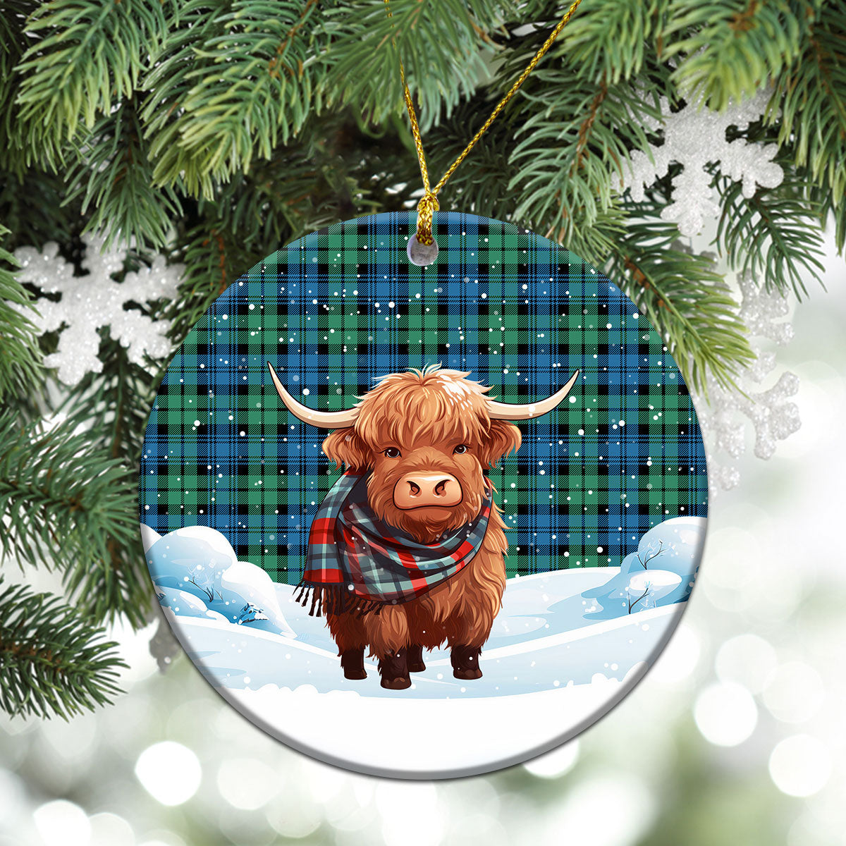 Campbell Ancient 01 Tartan Christmas Ceramic Ornament - Highland Cows Snow Style