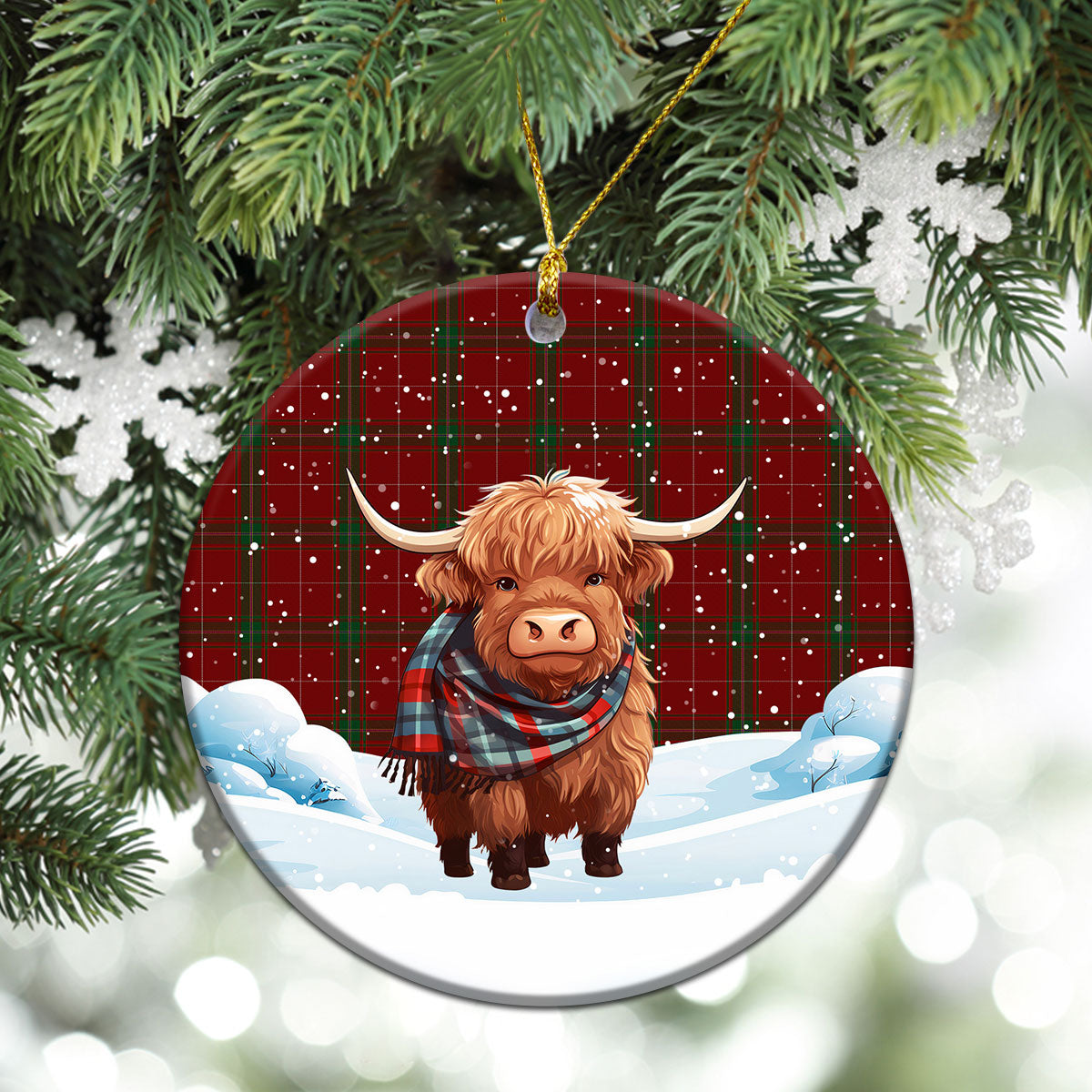 Carruthers Tartan Christmas Ceramic Ornament - Highland Cows Snow Style