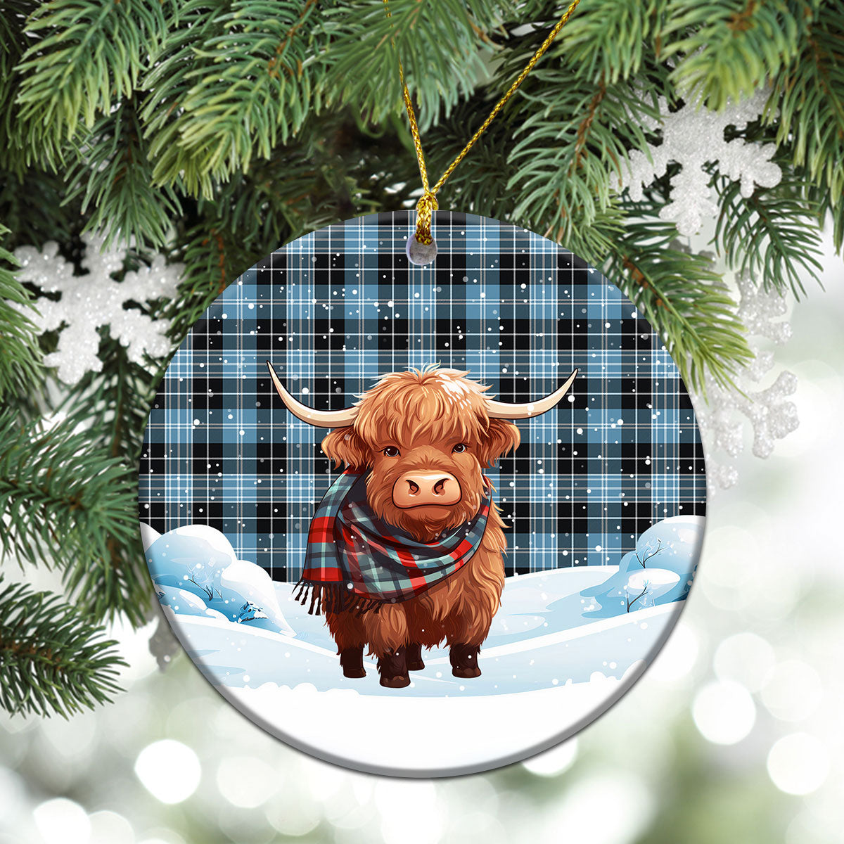 Clark Ancient Tartan Christmas Ceramic Ornament - Highland Cows Snow Style