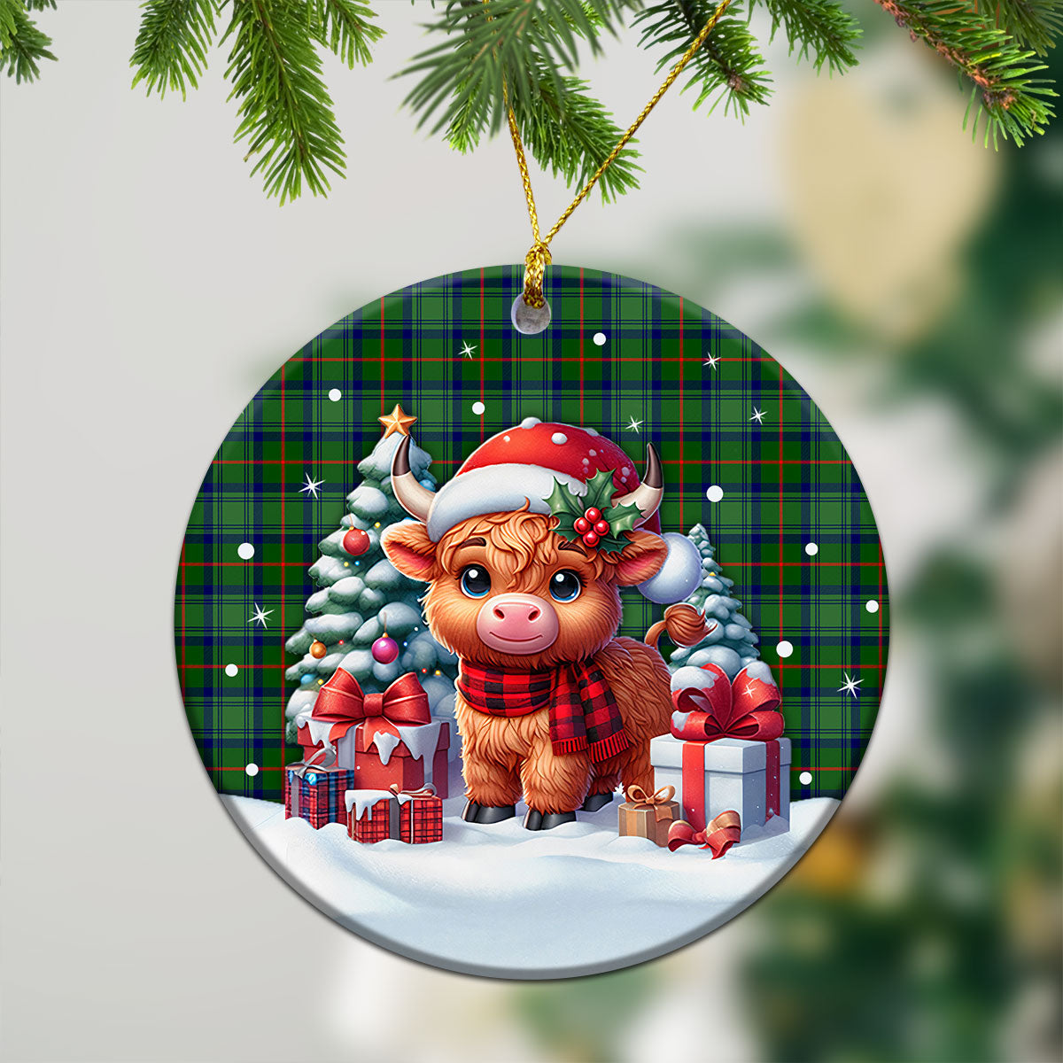 Cranstoun Tartan Christmas Ceramic Ornament - Highland Cow Winter Style