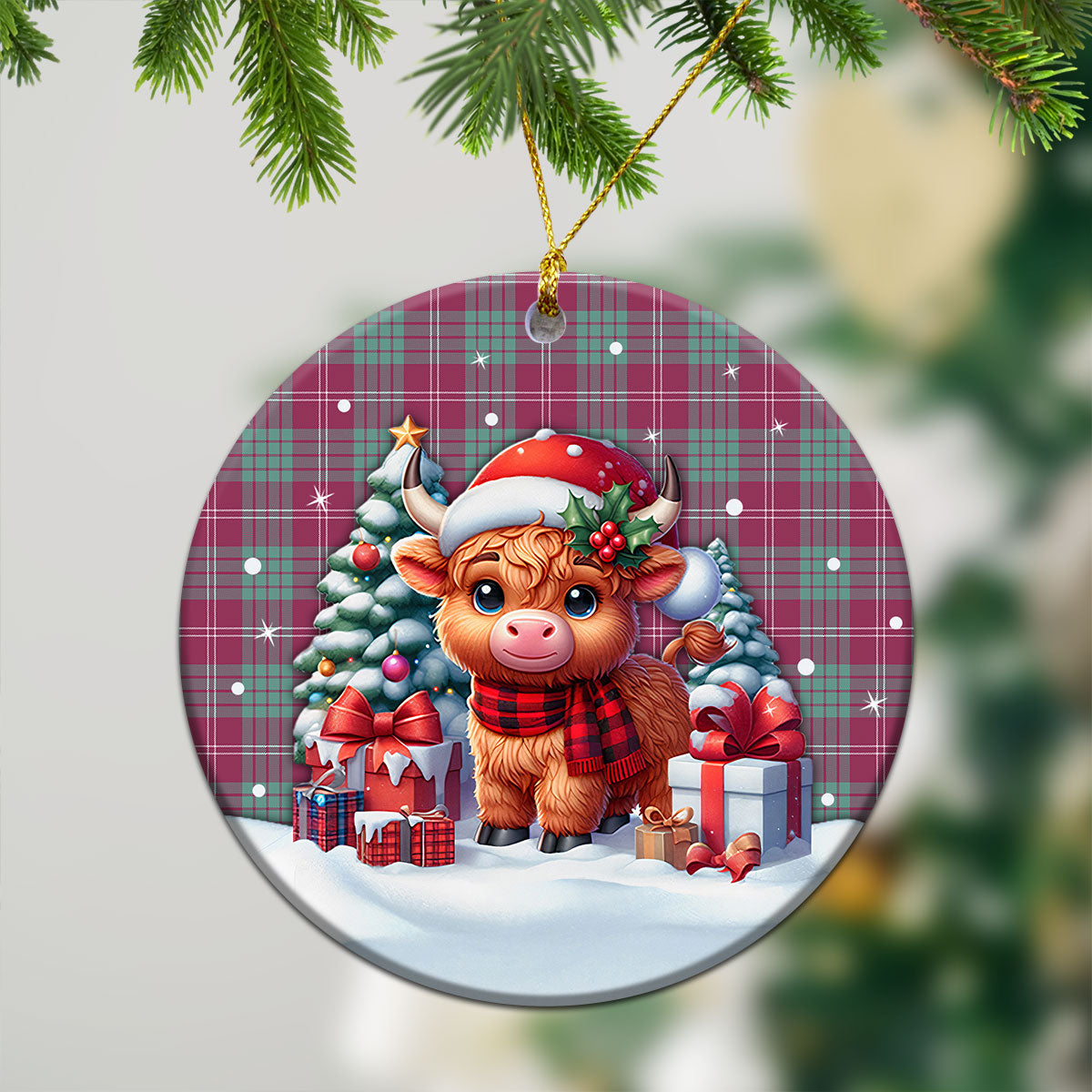 Crawford Ancient Tartan Christmas Ceramic Ornament - Highland Cow Winter Style