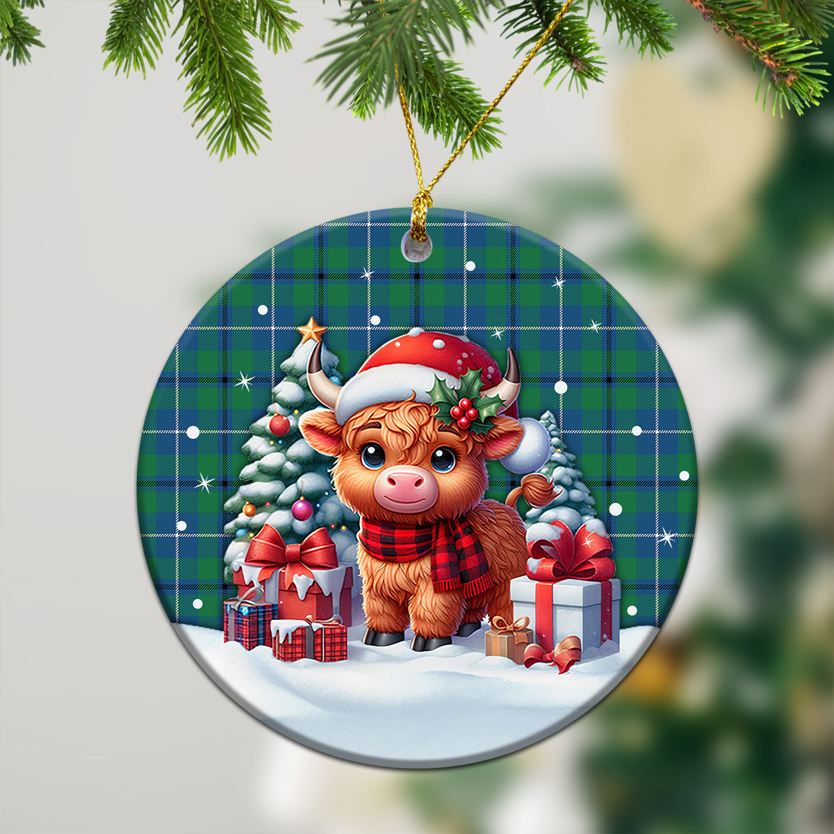 Douglas Ancient Tartan Christmas Ceramic Ornament - Highland Cow Winter Style