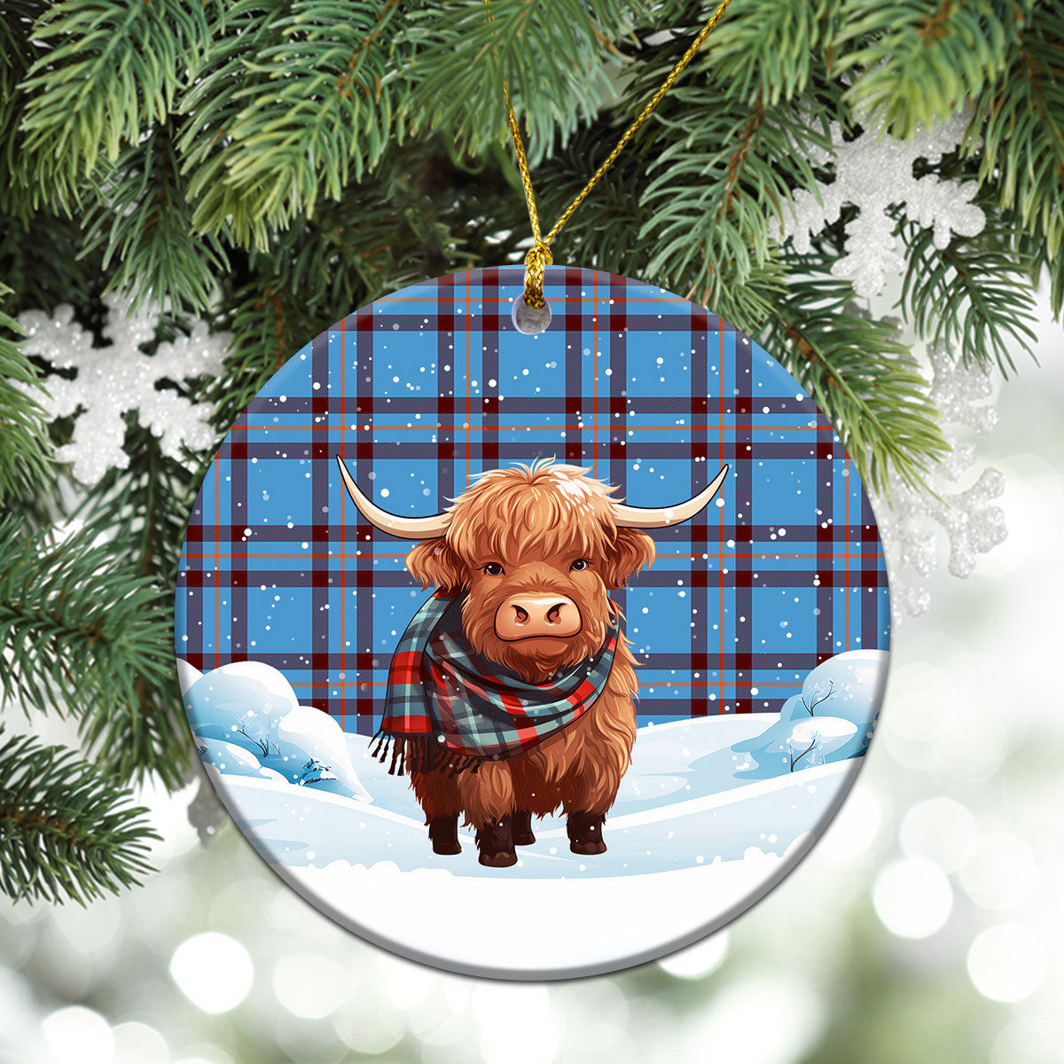 Elliot Ancient Tartan Christmas Ceramic Ornament - Highland Cows Snow Style