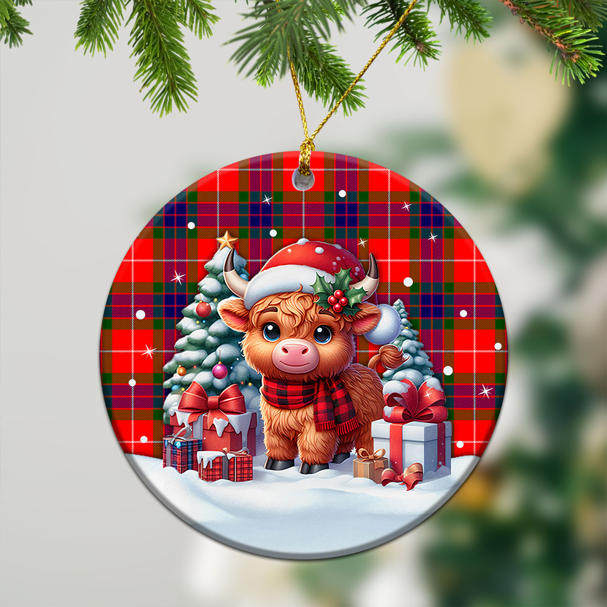 Fraser Tartan Christmas Ceramic Ornament - Highland Cow Winter Style