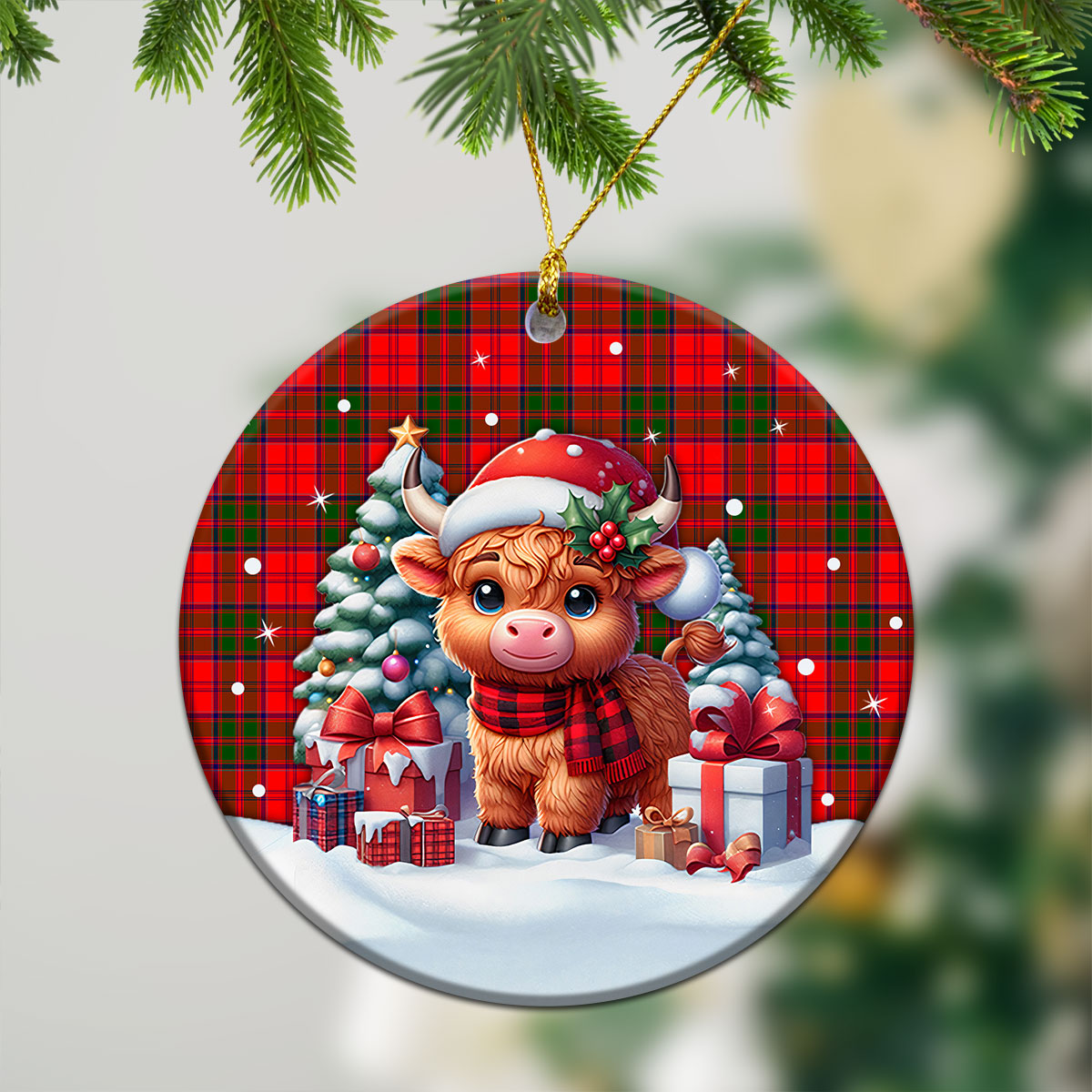 Grant Modern Tartan Christmas Ceramic Ornament - Highland Cow Winter Style