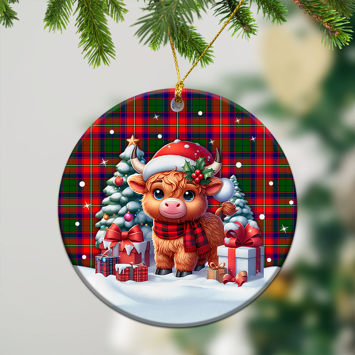 Hopkirk Tartan Christmas Ceramic Ornament - Highland Cow Winter Style