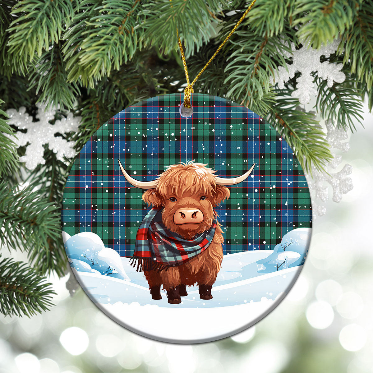 Hunter Ancient Tartan Christmas Ceramic Ornament - Highland Cows Snow Style