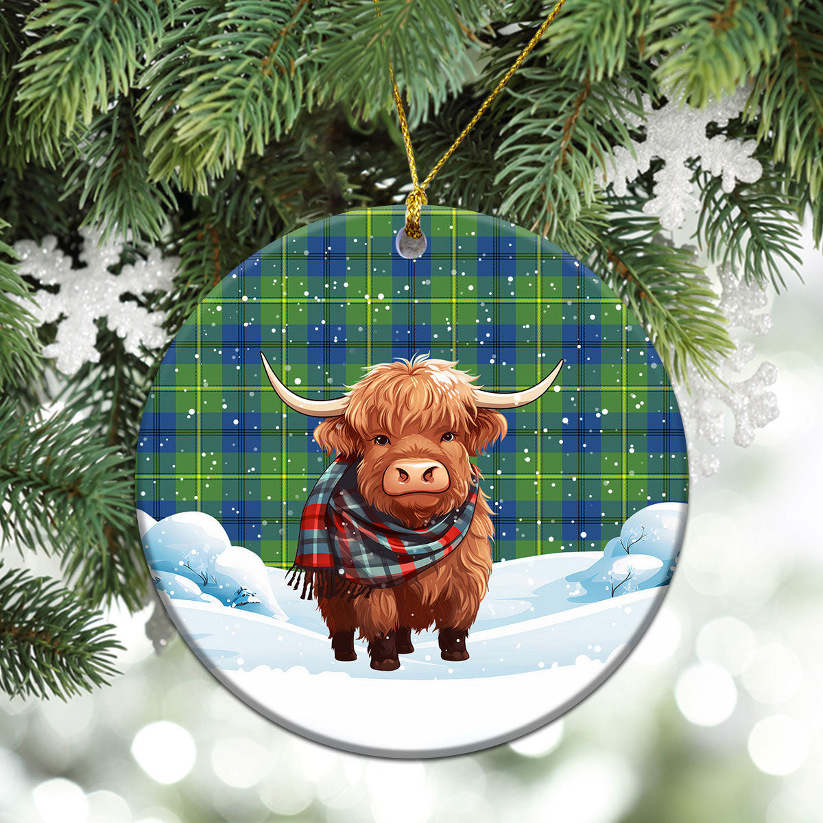 Johnston Ancient Tartan Christmas Ceramic Ornament - Highland Cows Snow Style