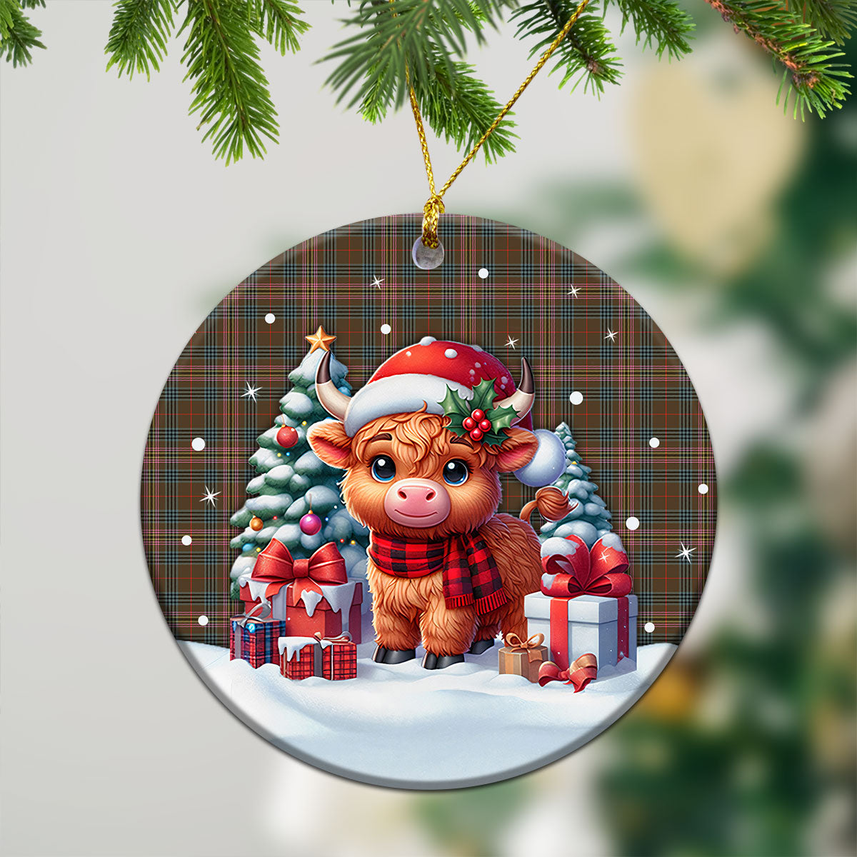 Kennedy Weathered Tartan Christmas Ceramic Ornament - Highland Cow Winter Style