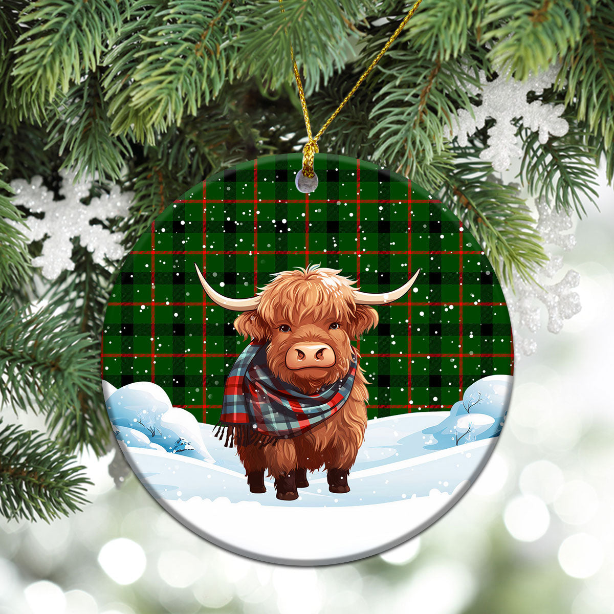 Kincaid Tartan Christmas Ceramic Ornament - Highland Cows Snow Style