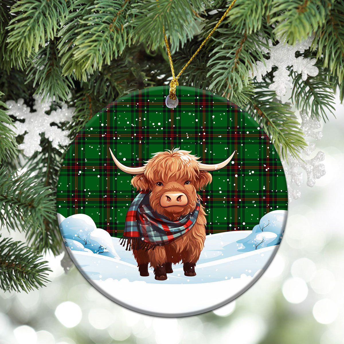 Kinnear Tartan Christmas Ceramic Ornament - Highland Cows Snow Style