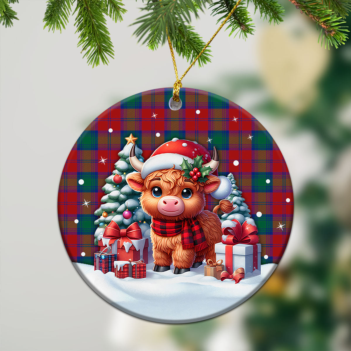 Lindsay Modern Tartan Christmas Ceramic Ornament - Highland Cow Winter Style